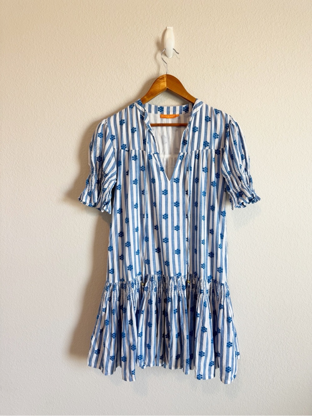Oliphant Smocked Drop Waist Capri Blue Striped Floral Embroidered Mini Dress S